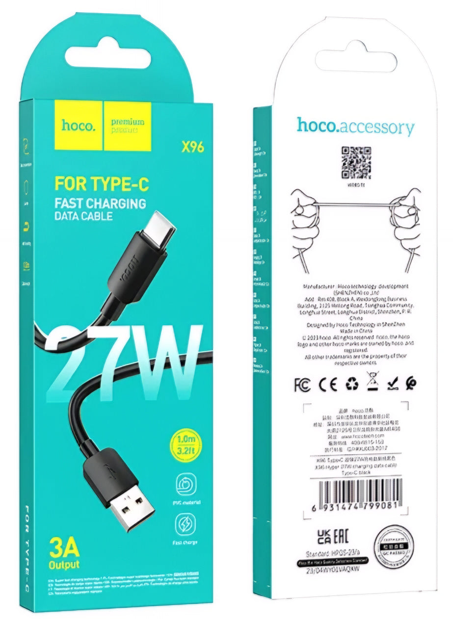 Кабел за данни и зареждане USB-A - USB-C HOCO X96, 27W, 1m, Черен