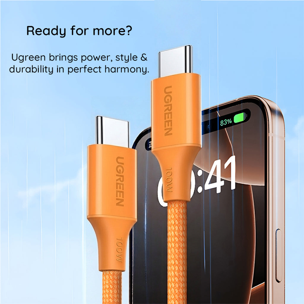 Кабел за данни и зареждане USB-C - USB-C UGREEN L502, 100W, 1м, Оранжев