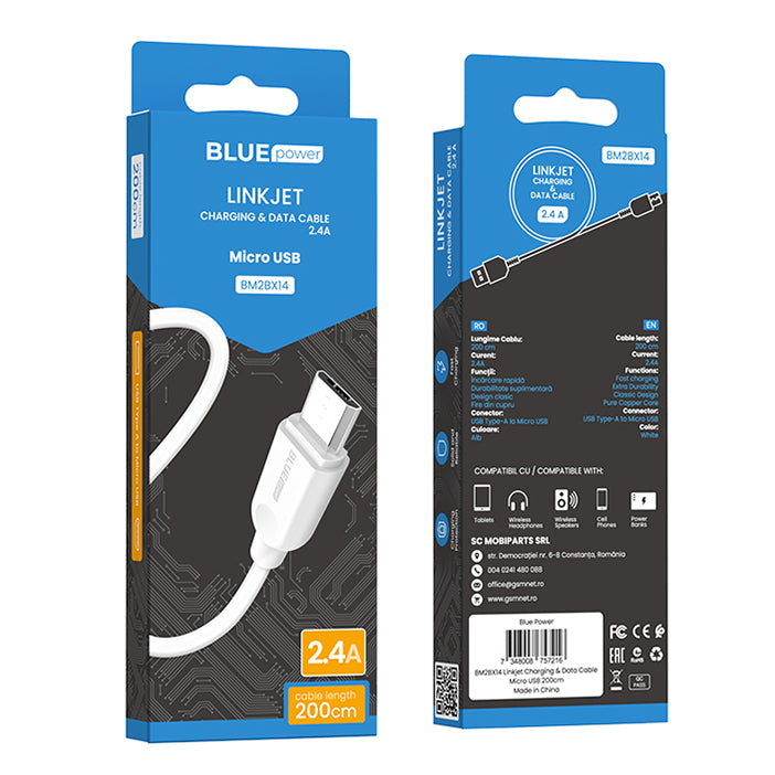 Кабел за данни и зареждане USB-A - microUSB BLUE Power BM2BX14 LinkJet, 18W, 2м, бял