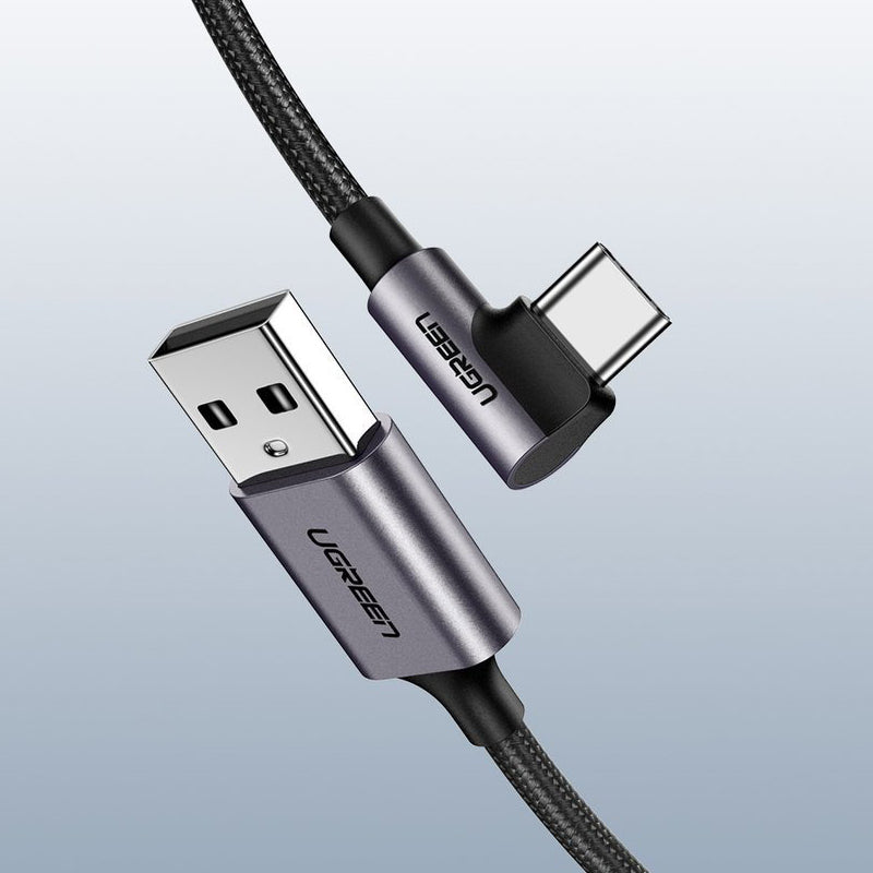 Кабел за данни и зареждане USB-A - USB-C UGREEN US284 Angled, 18W, 3m, Сив