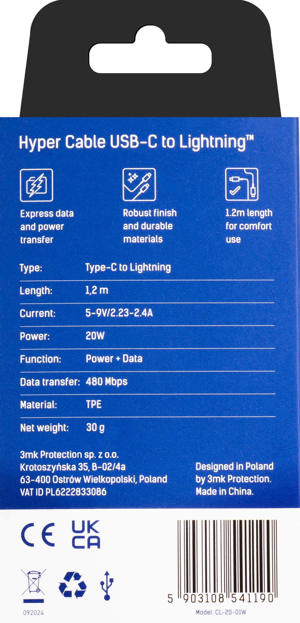 Кабел за данни и зареждане USB-C - Lightning 3MK Hyper, 20W, 1.2м, бял