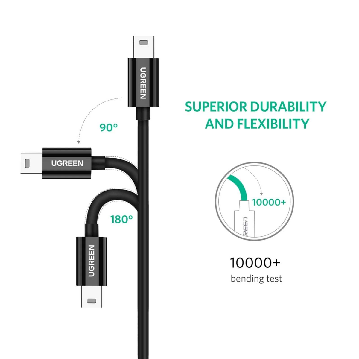 Кабел за данни и зареждане USB-C - miniUSB UGREEN US242, 18W, 1m, Черен