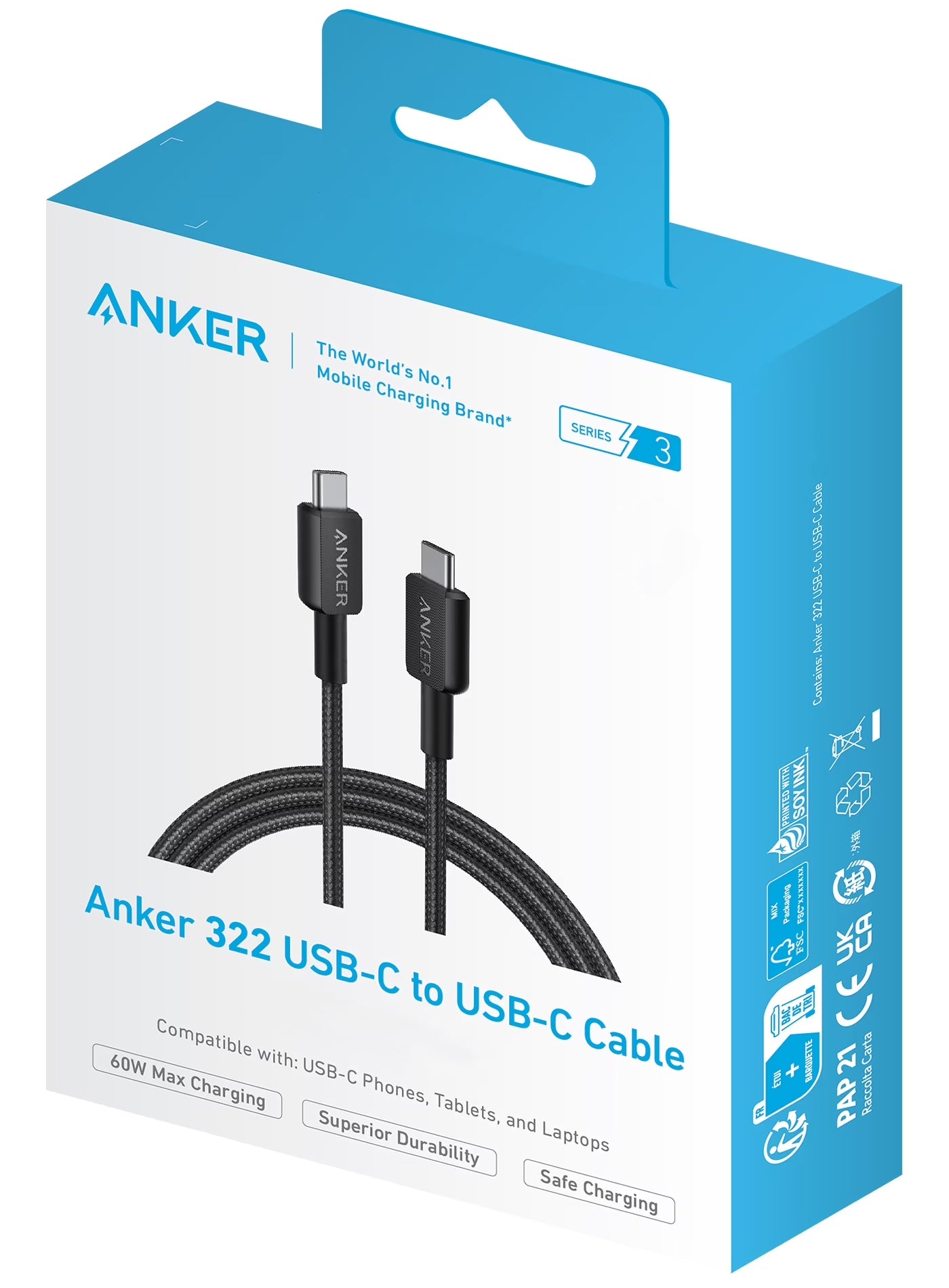 Кабел за данни и зареждане USB-C - USB-C Anker 322, 60W, 0.9m, Черен A81F5G11