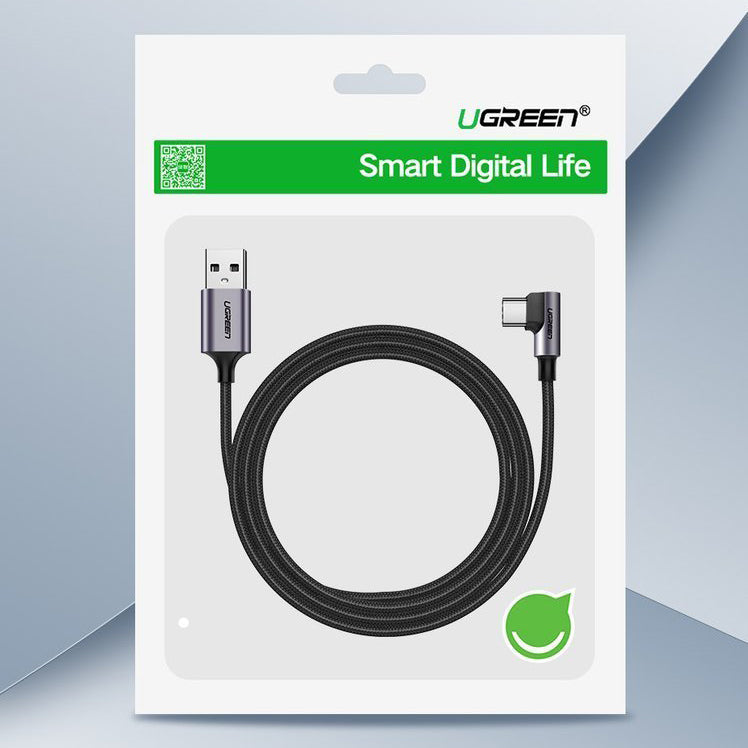 Кабел за данни и зареждане USB-A - USB-C UGREEN US284 Angled, 18W, 1m, Сив