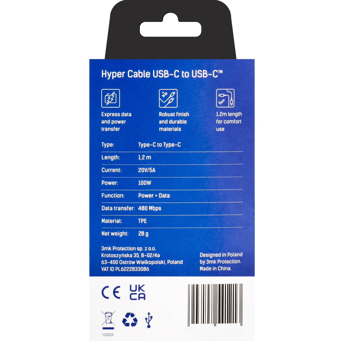 Кабел за данни и зареждане USB-C - USB-C 3MK Hyper, 100W, 1.2m, Черен