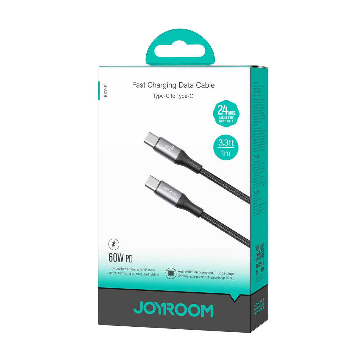 Кабел за данни и зареждане USB-C - USB-C Joyroom S-A28 Flash, 60W, 1m, Черен