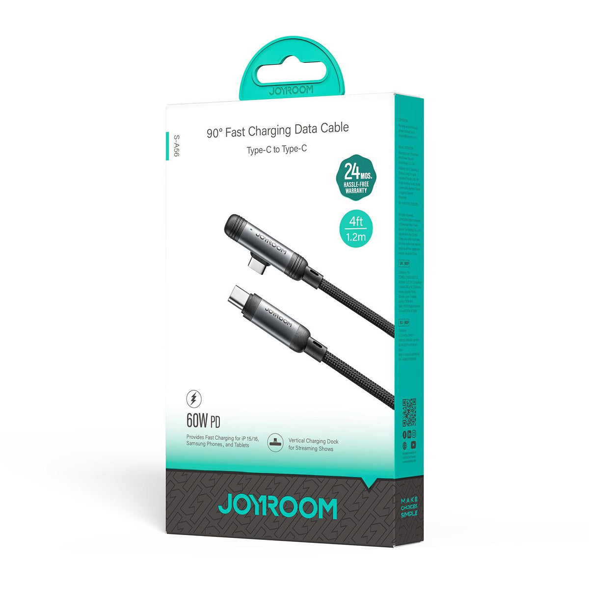 Кабел за данни и зареждане USB-C - USB-C Joyroom S-A56 EnjoyX Angled, 60W, 1.2m, Черен