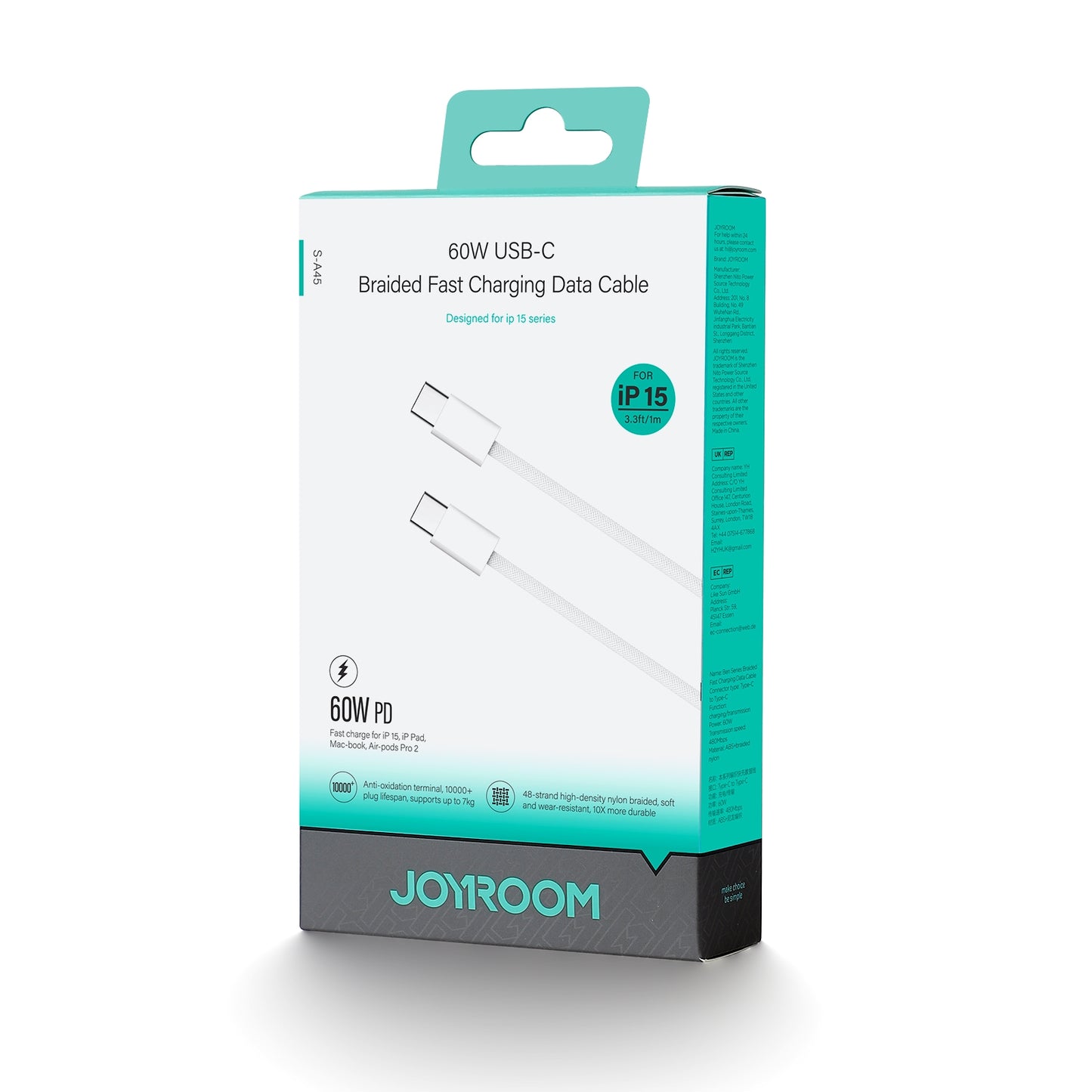 USB-C кабел за данни и зареждане - USB-C Joyroom S-A45, 60W, 1m, бял
