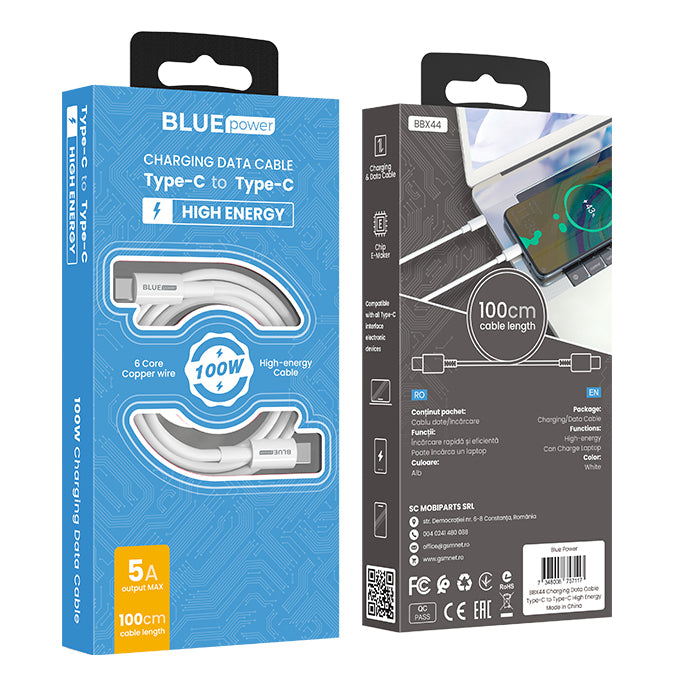 Кабел за данни и зареждане USB-C - USB-C BLUE Power BBX44, 100W, 1м, бял