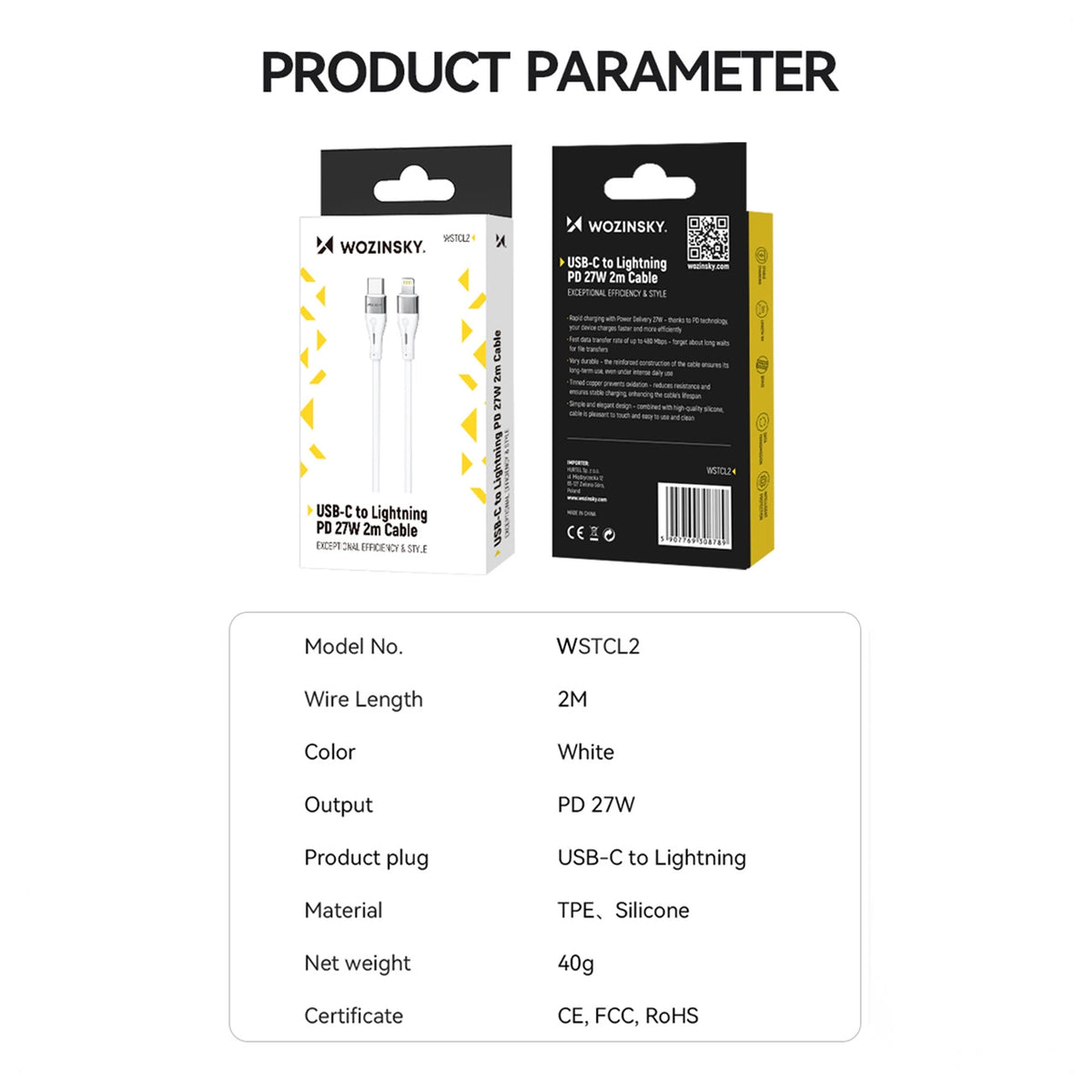 Кабел за данни и зареждане USB-C - Lightning WZK WSTCL1, 27W, 1m, Бял
