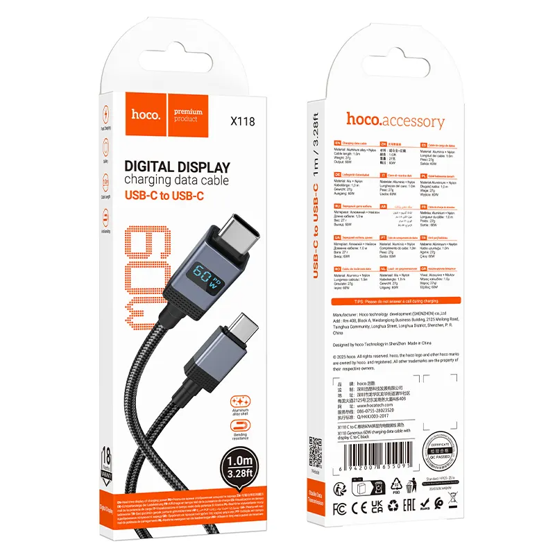 Кабел за данни и зареждане USB-C - USB-C HOCO X118 Display, 60W, 1m, Черен