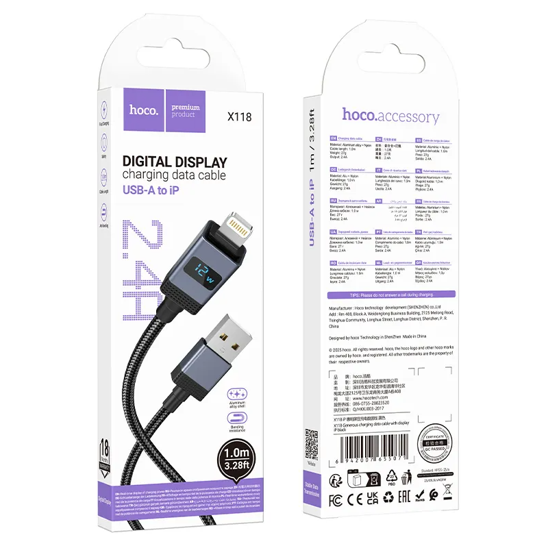 Кабел за данни и зареждане USB-A - Lightning HOCO X118 Display, 12W, 1m, Черен
