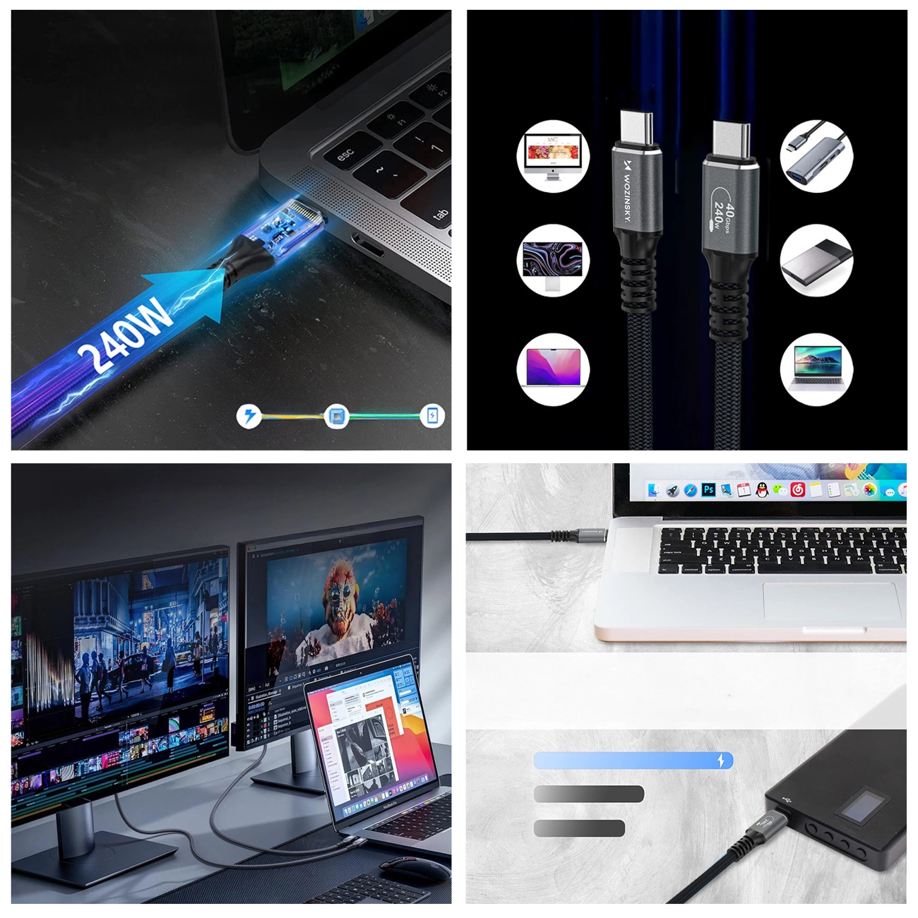 Кабел за данни и зареждане USB-C - USB-C WZK WPS-UY42S, 240W, 2m, Черен