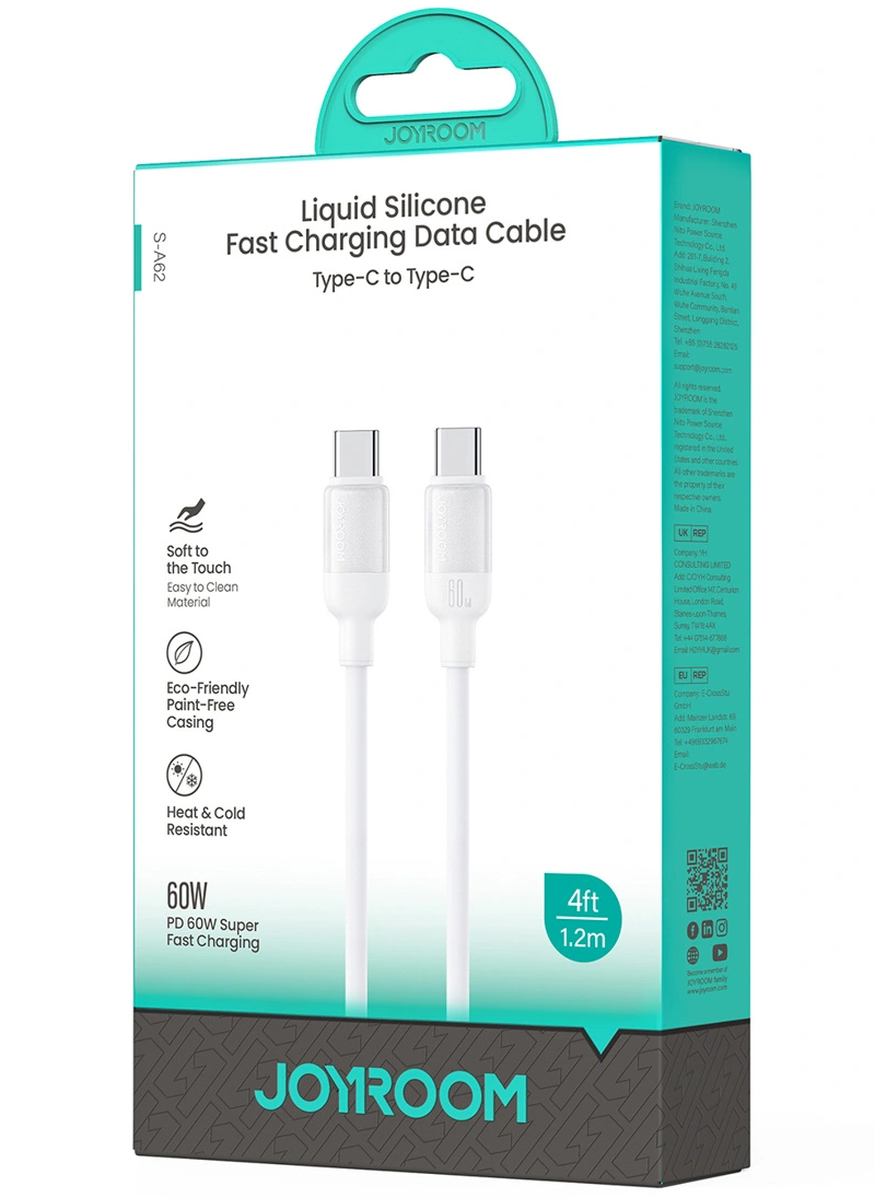 Кабел за данни и зареждане USB-C - USB-C Joyroom S-A62 Lively, 60W, 1.2м, бял