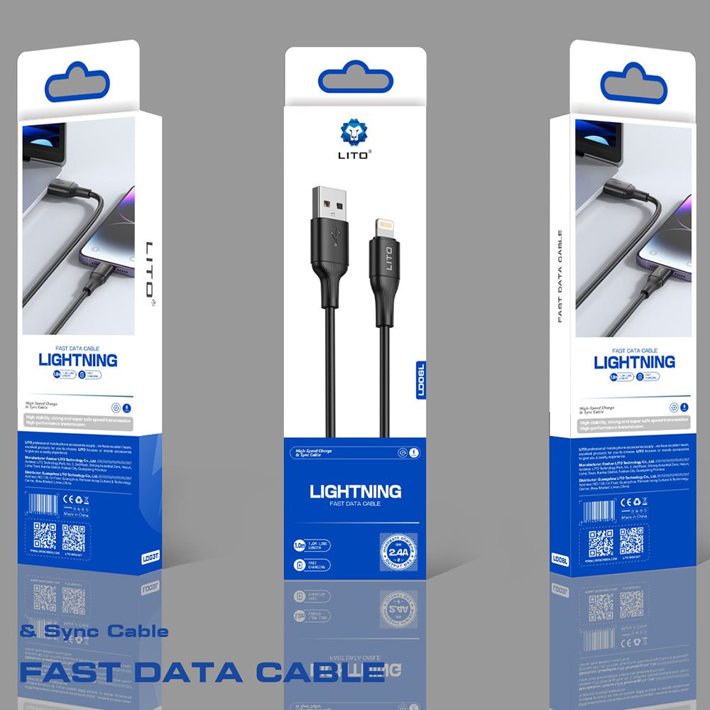 Кабел за данни и зареждане USB-A - Lightning Lito LD06L, 18W, 1m, Черен