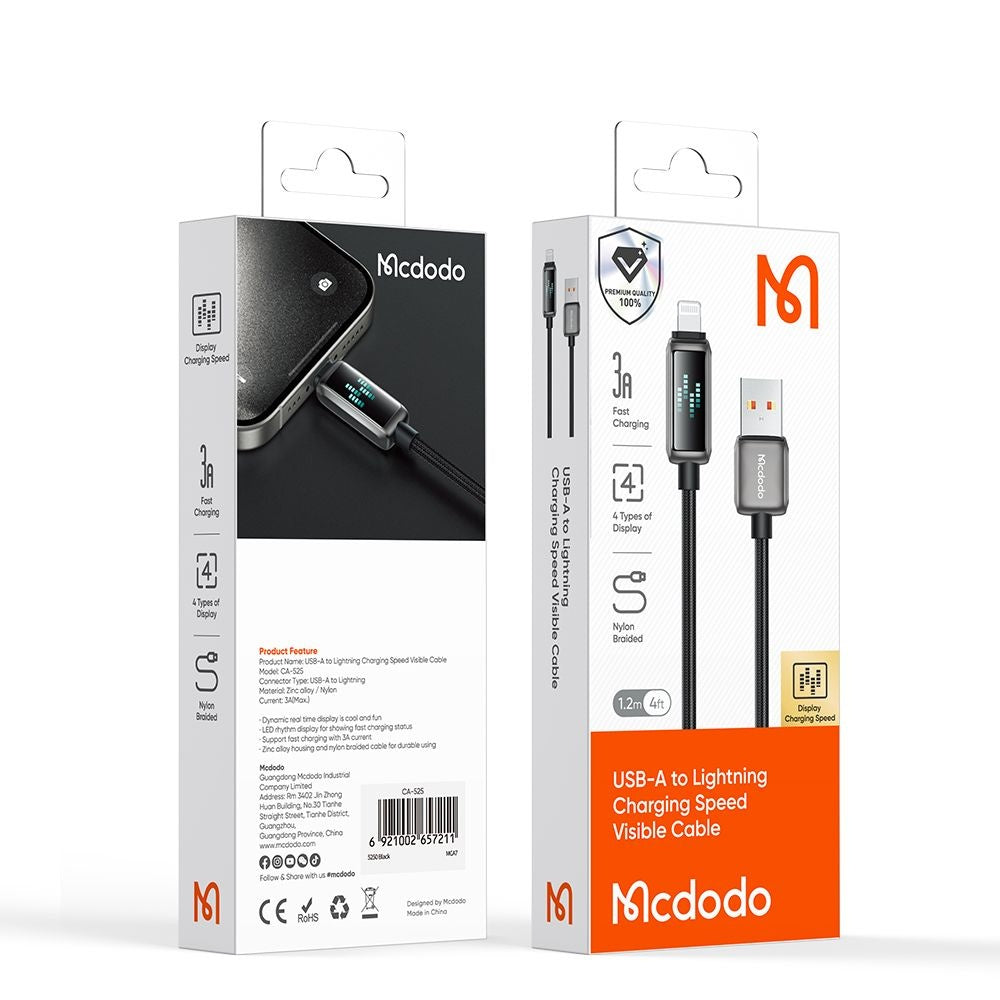Кабел за данни и зареждане USB-A - Lightning McDodo CA-5250 Display, 18W, 1.2m, Черен