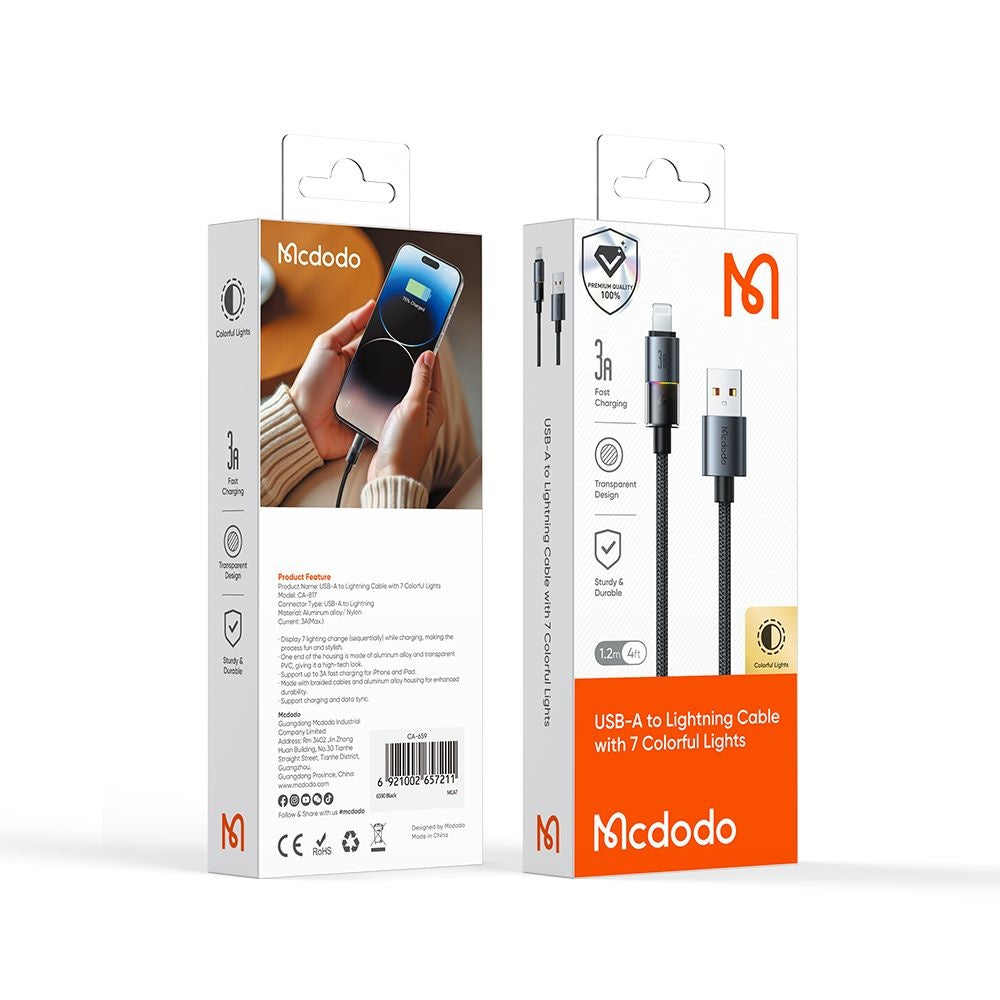 Кабел за данни и зареждане USB-A - Lightning McDodo CA-8170 Colorful, 18W, 1.2m, Черен