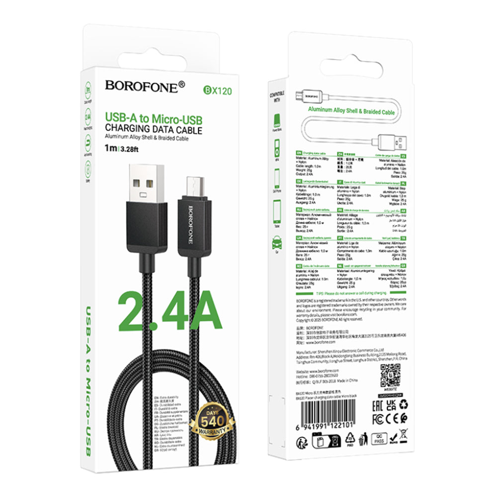 Кабел за данни и зареждане USB-A - microUSB Borofone BX120 Placer, 18W, 1m, Черен