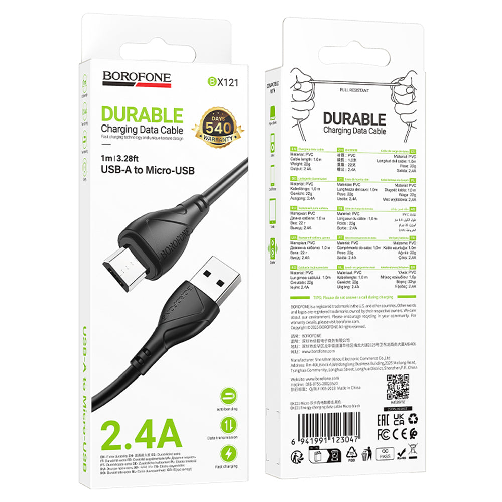 Кабел за данни и зареждане USB-A - microUSB Borofone BX121 Energy, 18W, 1m, Черен