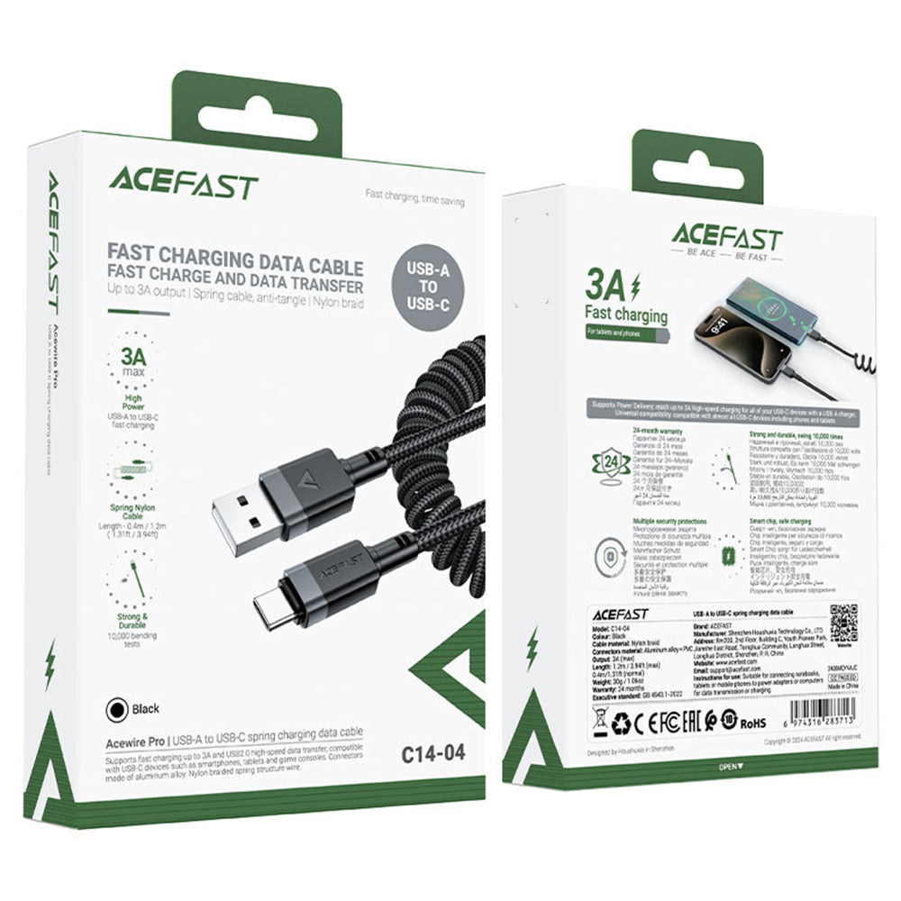 Кабел за данни и зареждане USB-A - USB-C Acefast C14-04, 18W, 1.2m, Черен