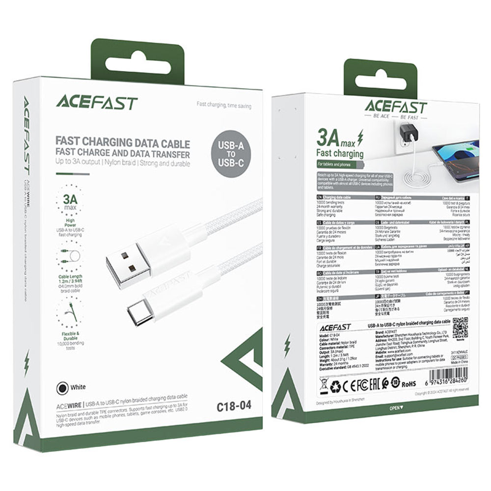 Кабел за данни и зареждане USB-A - USB-C Acefast C18-04, 18W, 1.2m, Бял