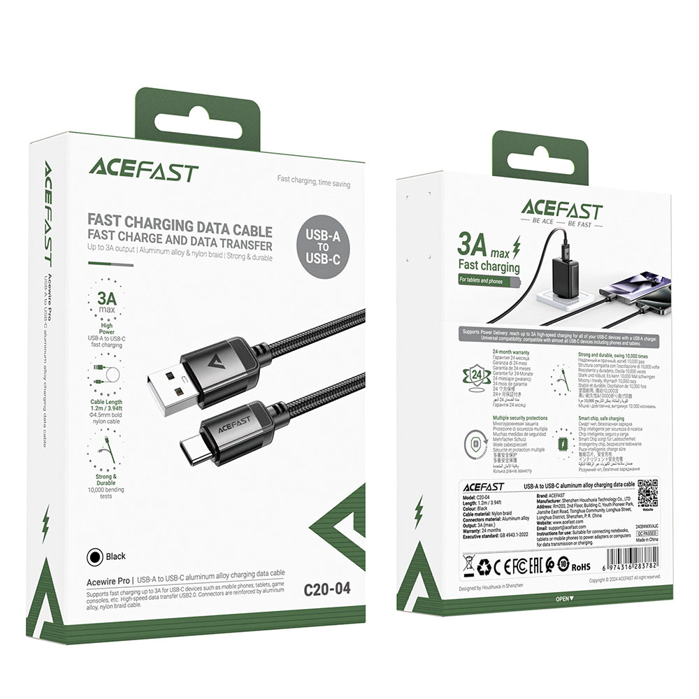 Кабел за данни и зареждане USB-A - USB-C Acefast C20-04, 18W, 1.2m, Черен