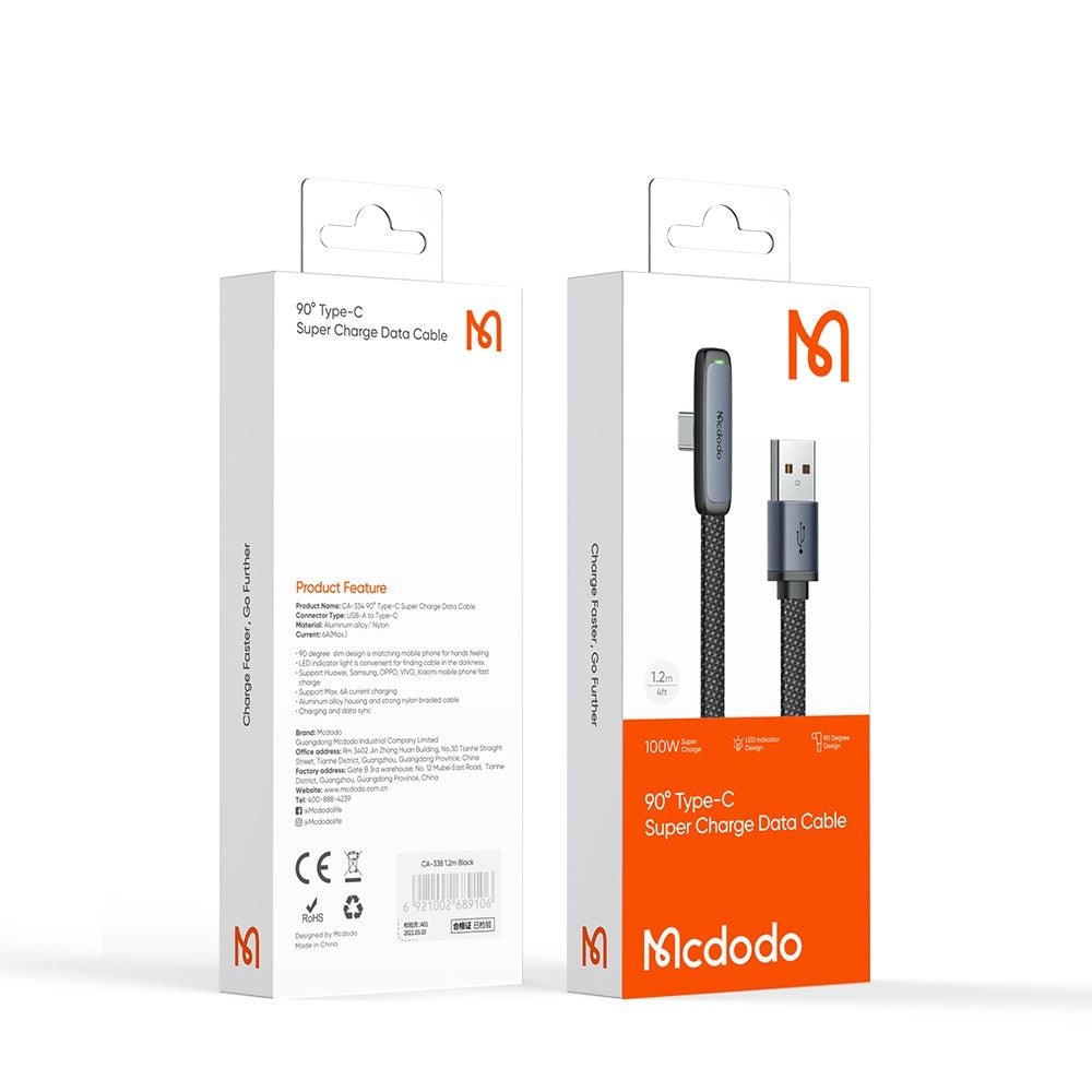 Кабел за данни и зареждане USB-A - USB-C McDodo CA-3340 Angled, 100W, 1.2m, Черен
