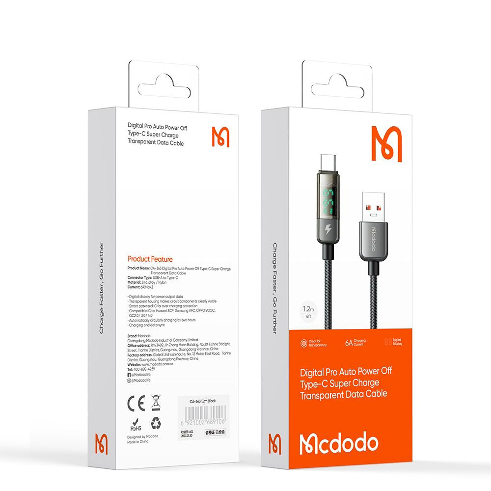 Кабел за данни и зареждане USB-A - USB-C McDodo CA-3630 Display Auto Power Off, 66W, 1.2m, Черен