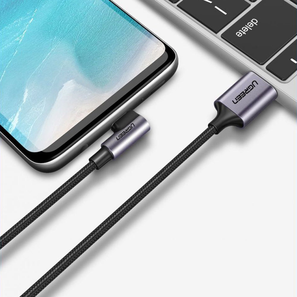 Кабел за данни и зареждане USB-A - USB-C UGREEN US284 Angled, 18W, 0.5m, Сив