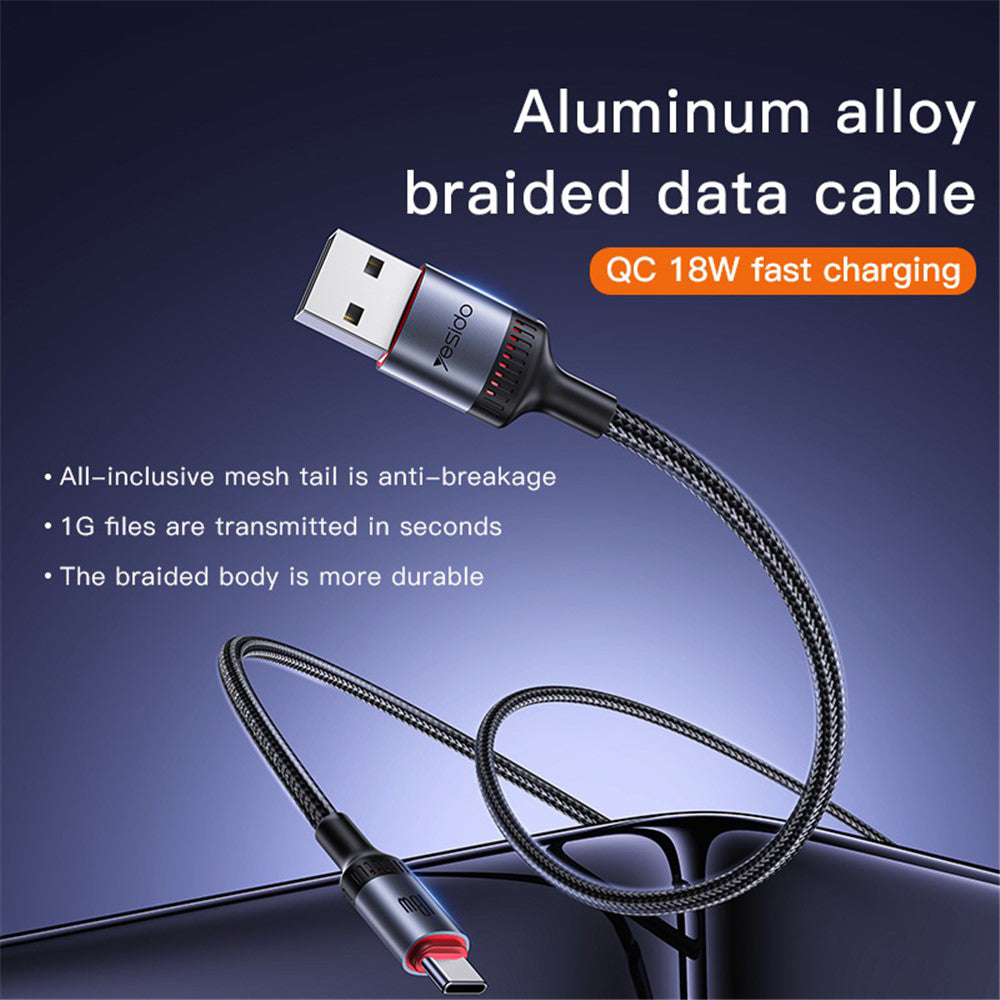 Кабел за данни и зареждане USB-A - USB-C Yesido CA130C, 18W, 2m, Черен