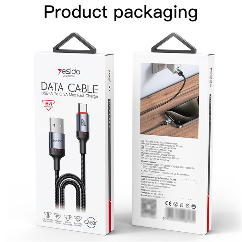Кабел за данни и зареждане USB-A - USB-C Yesido CA130C, 18W, 2m, Черен