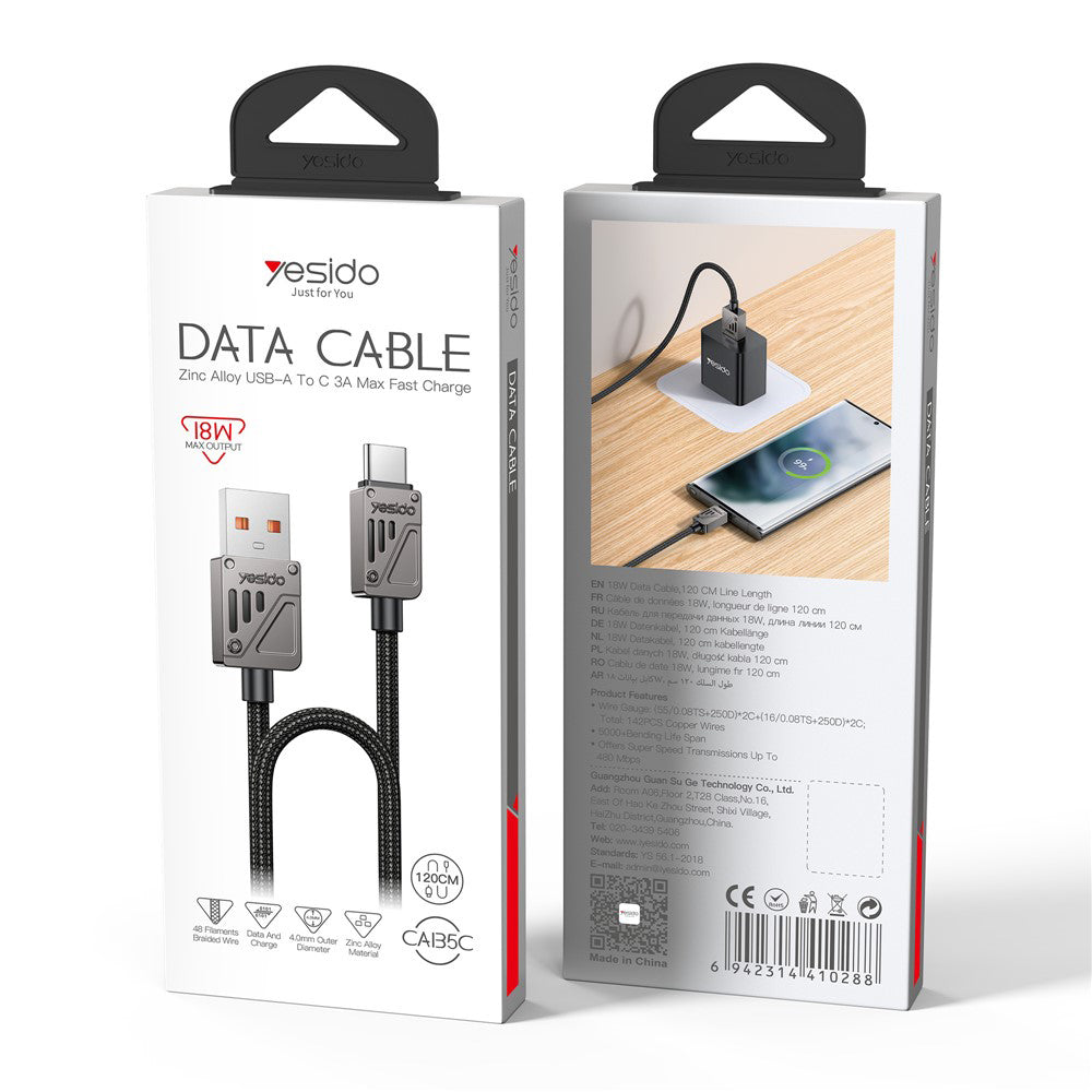 Кабел за данни и зареждане USB-A - USB-C Yesido CA135C, 18W, 1.2m, Черен