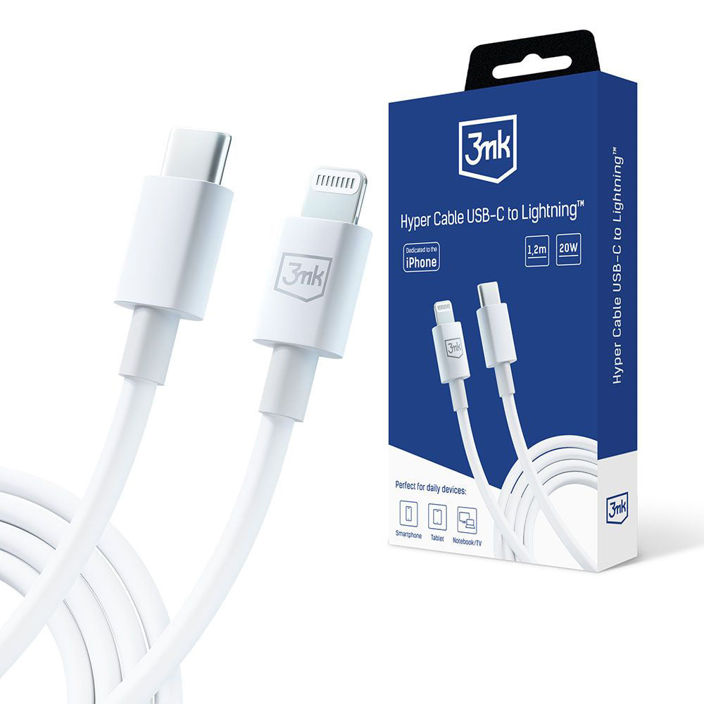 Кабел за данни и зареждане USB-C - Lightning 3MK Hyper, 20W, 1.2м, бял