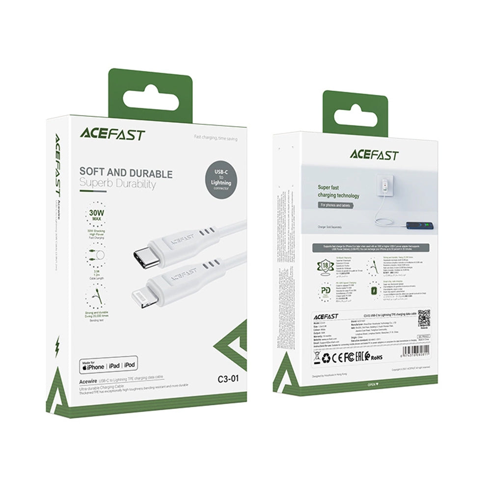 Кабел за данни и зареждане USB-C - Lightning Acefast C3-01, 30W, 1.2m, Бял