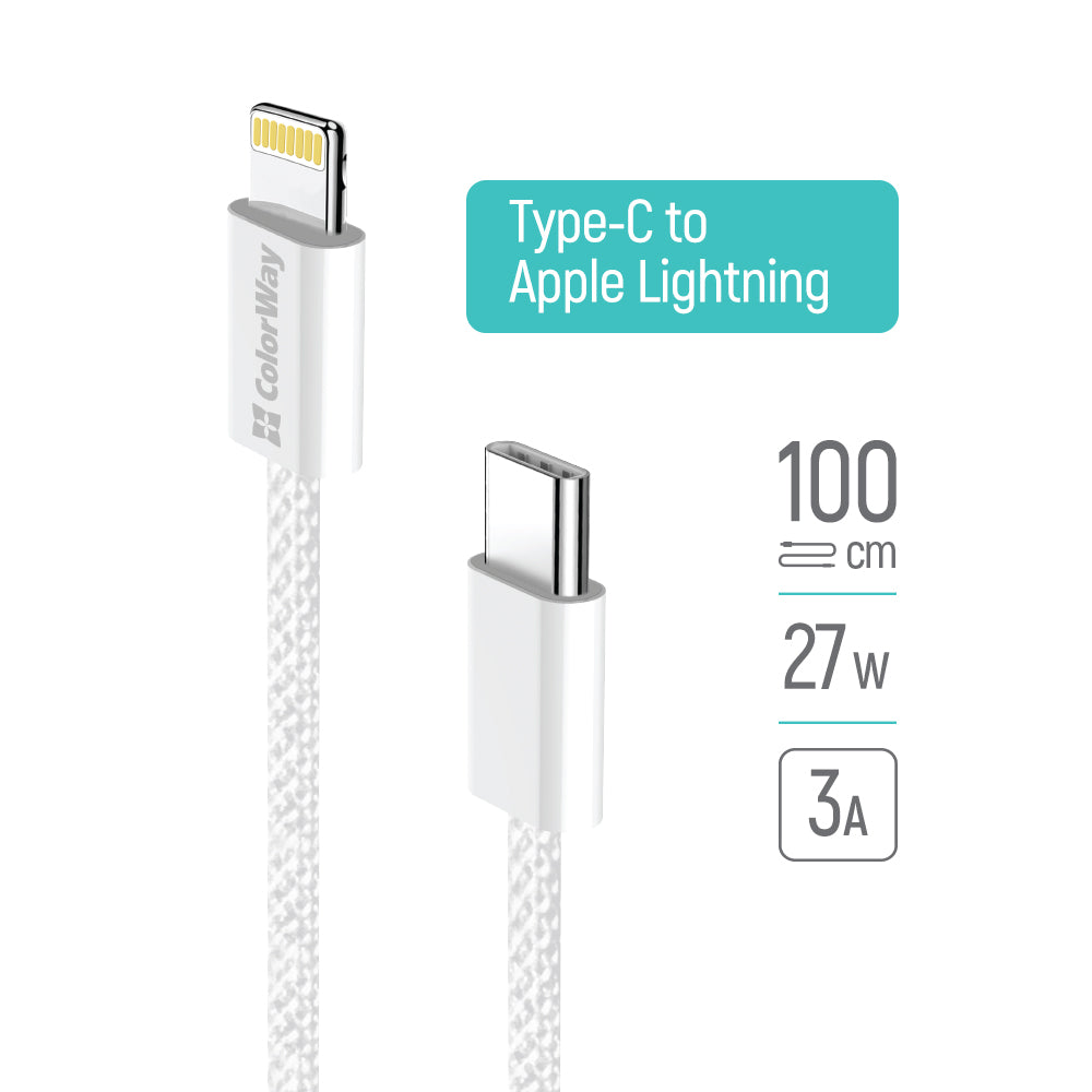 Кабел за данни и зареждане USB-C - Lightning ColorWay CW-CBPDCL061, 27W, 1m, Сив