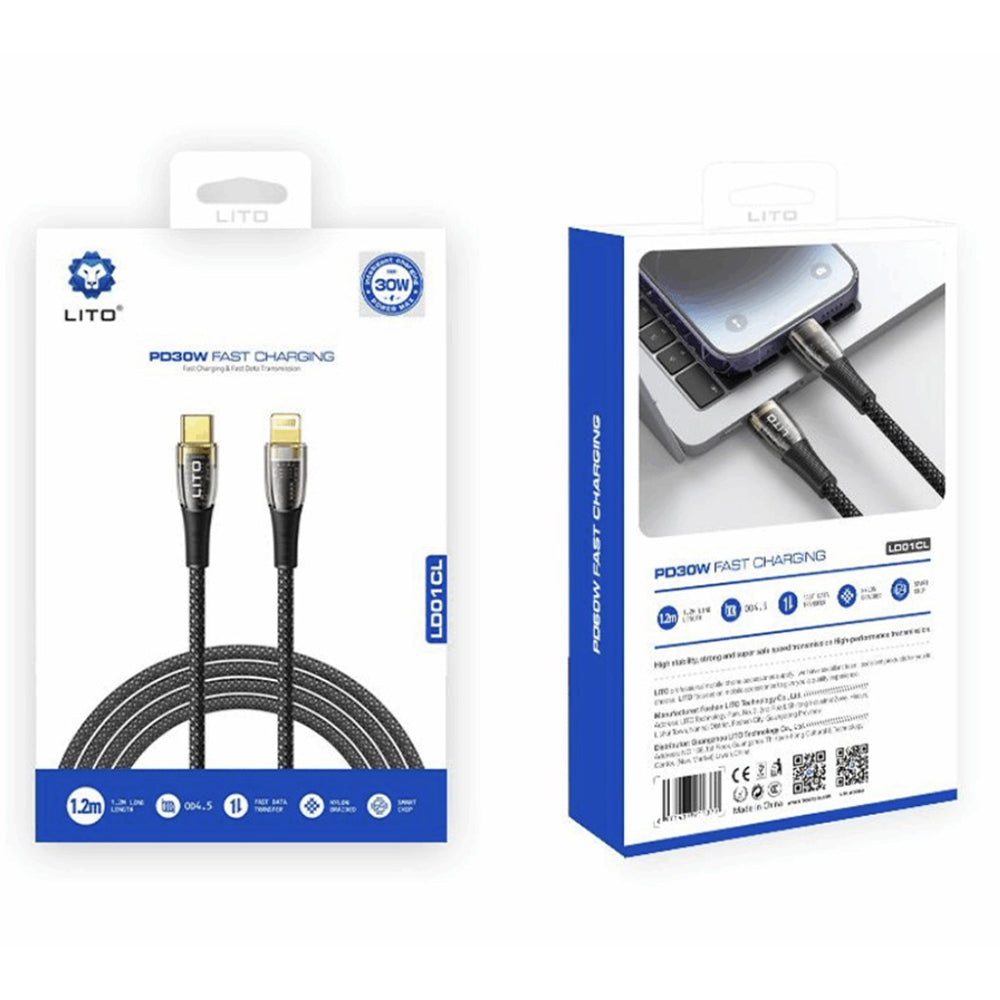 Кабел за данни и зареждане USB-C - Lightning Lito LD01, 27W, 1.2m, Черен