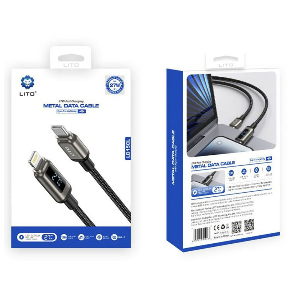 Кабел за данни и зареждане USB-C - Lightning Lito LD15 Display, 27W, 1m, Черен