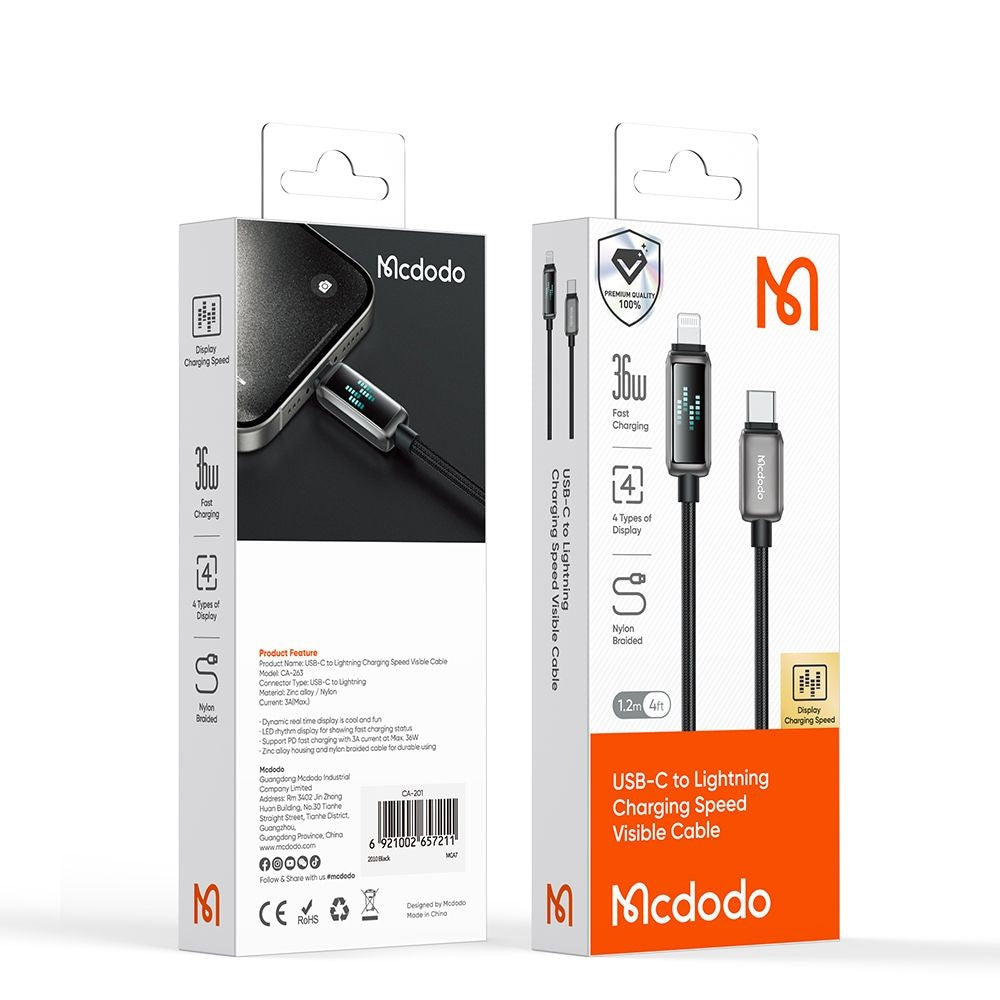 Кабел за данни и зареждане USB-C - Lightning McDodo CA-2630 Display, 36W, 1.2m, Черен