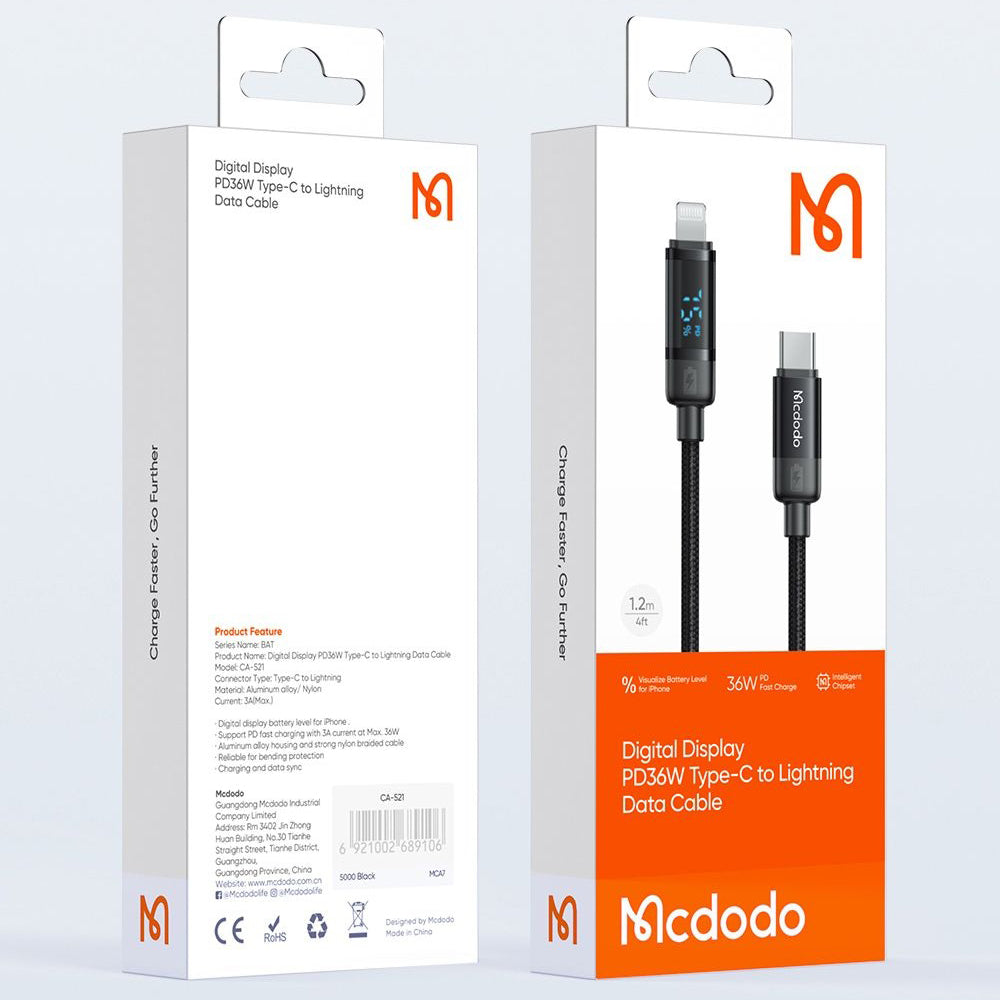 Кабел за данни и зареждане USB-C - Lightning McDodo CA-5210 Bat Display, 36W, 1.2m, Черен