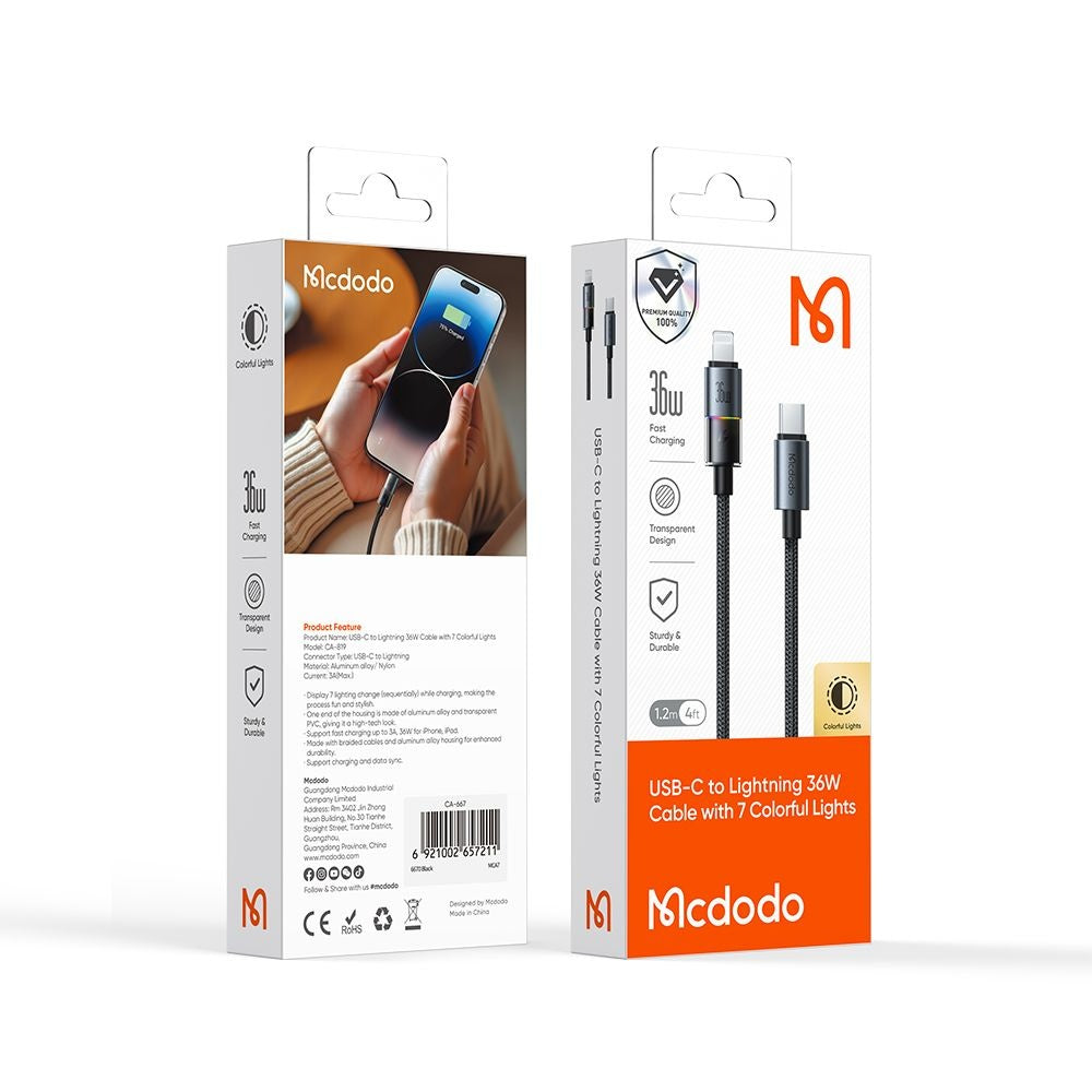 Кабел за данни и зареждане USB-C - Lightning McDodo CA-8190 Colorful, 36W, 1.2m, Черен