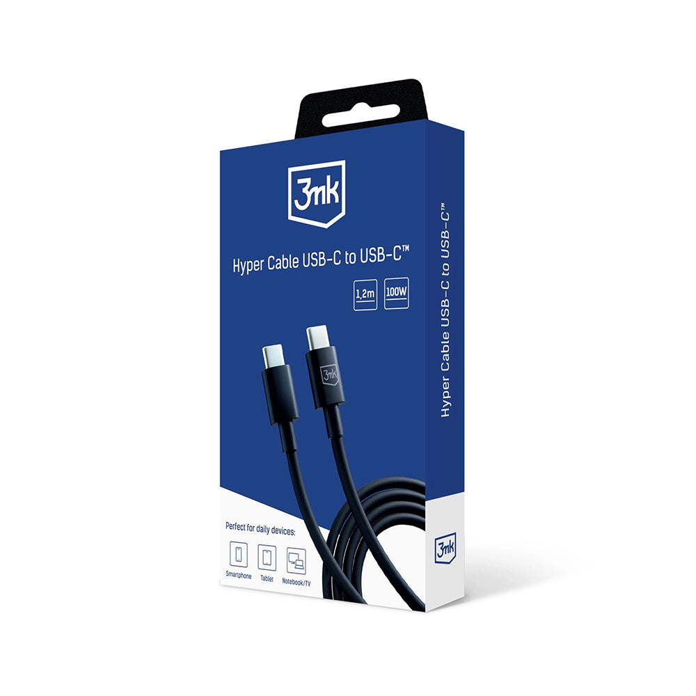 Кабел за данни и зареждане USB-C - USB-C 3MK Hyper, 100W, 1.2m, Черен
