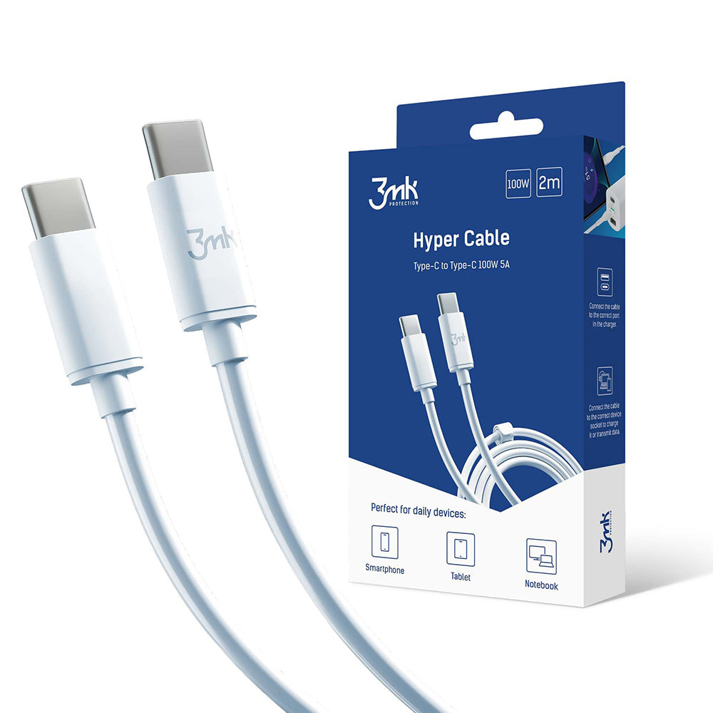 Кабел за данни и зареждане USB-C - USB-C 3MK Hyper, 100W, 2м, бял