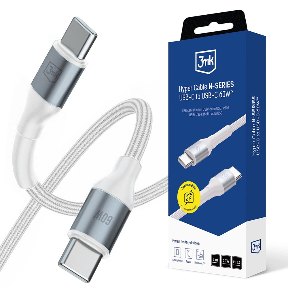 Кабел за данни и зареждане USB-C - USB-C 3MK Hyper N, 60W, 1m, Бял