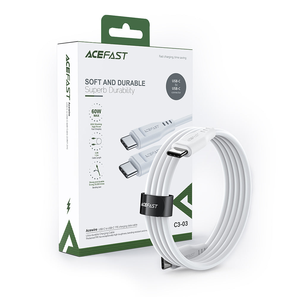 Кабел за данни и зареждане USB-C - USB-C Acefast C3-03, 60W, 1.2m, Бял