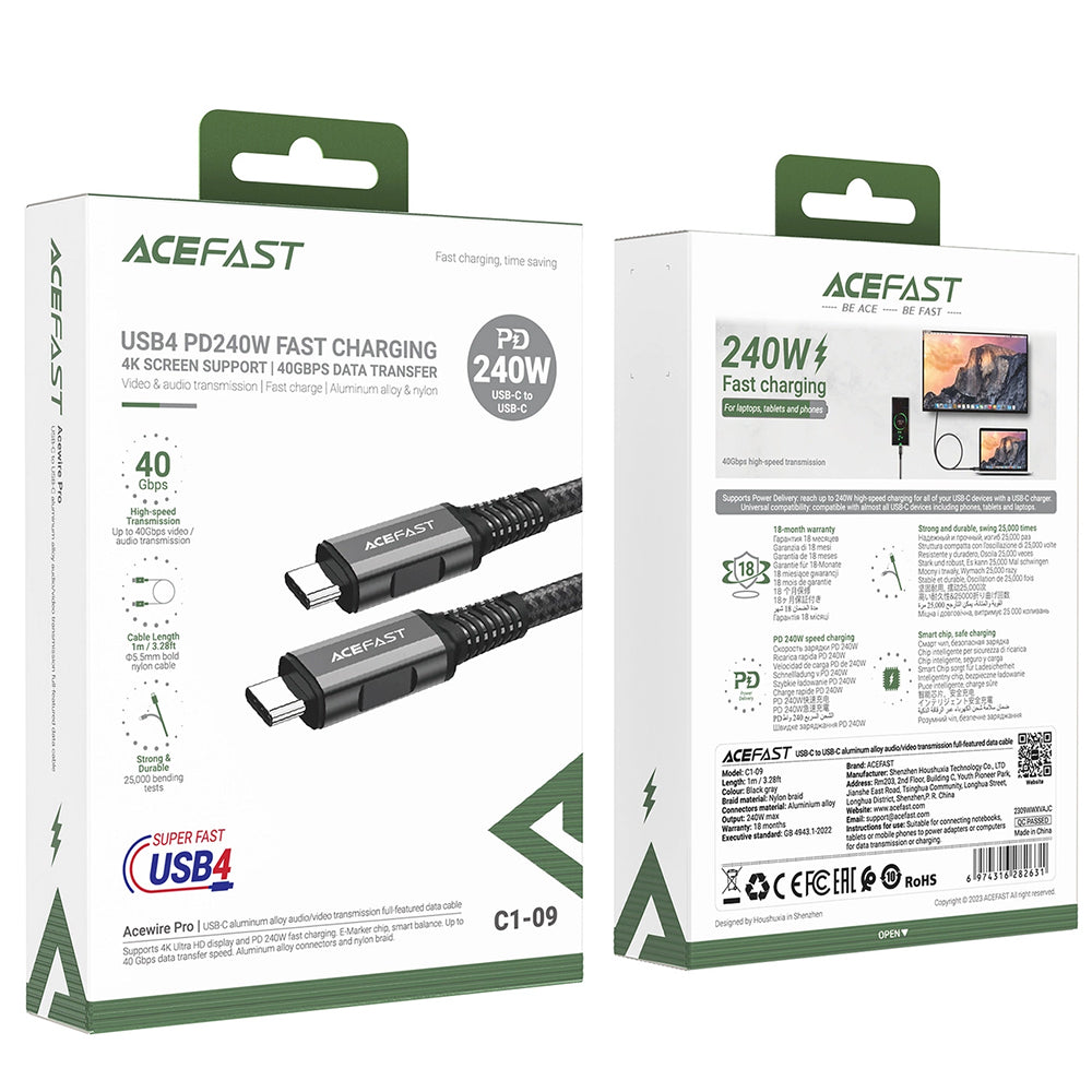 Кабел за данни и зареждане USB-C - USB-C Acefast C1-09, 240W, 1m, Сив