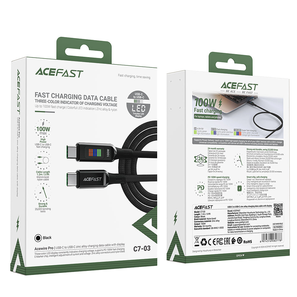 Кабел за данни и зареждане USB-C - USB-C Acefast C7-03, 100W, 1.2m, Черен
