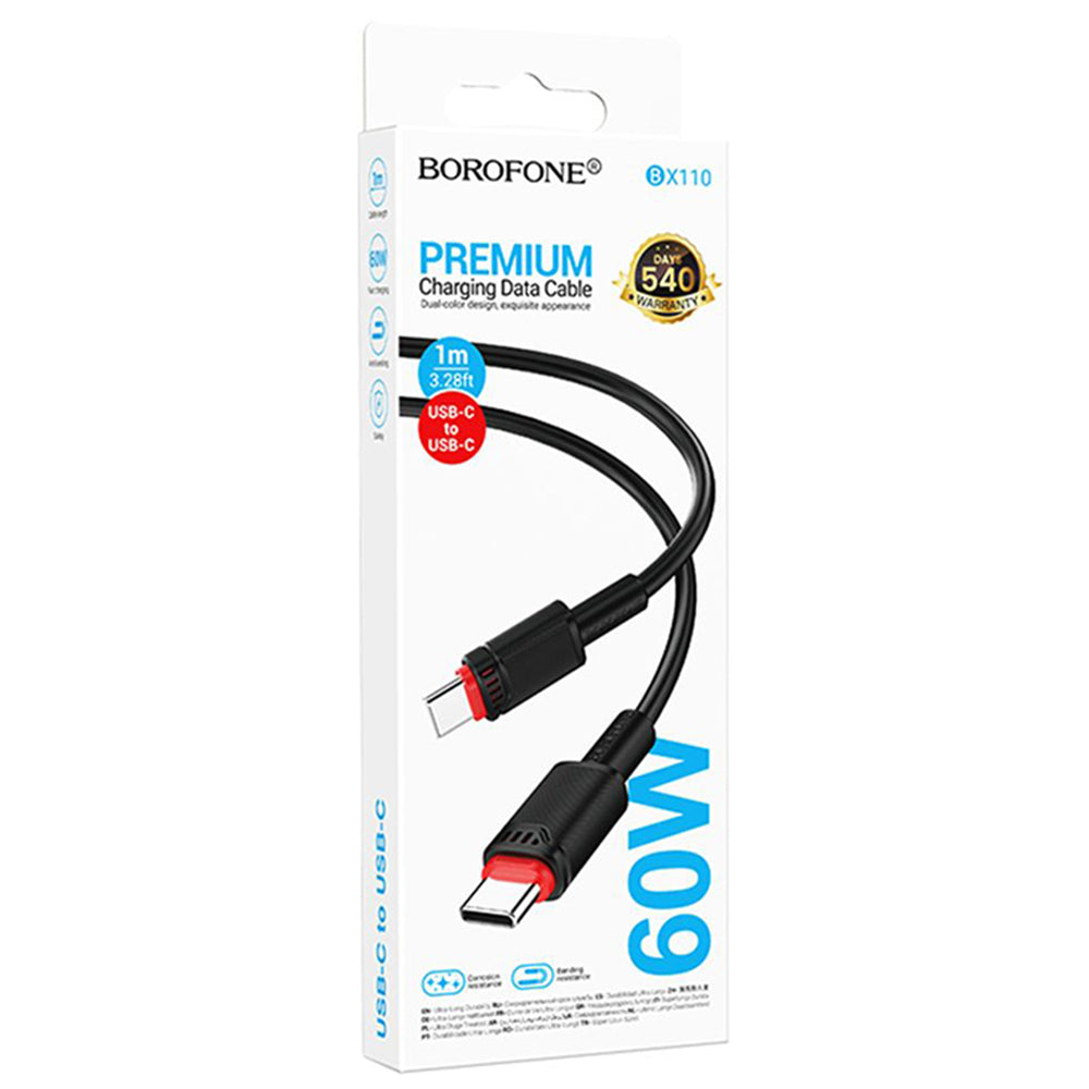 Кабел за данни и зареждане USB-C - USB-C Borofone BX110 Beneficio, 60W, 1m, Черен