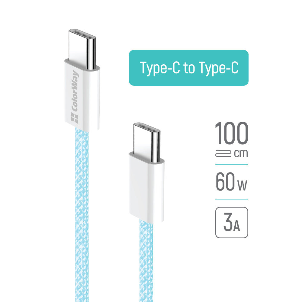 Кабел за данни и зареждане USB-C - USB-C ColorWay CW-CBPDCC061, 60W, 1m, Син
