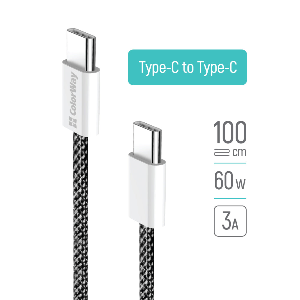 Кабел за данни и зареждане USB-C - USB-C ColorWay CW-CBPDCC061, 60W, 1m, Черен