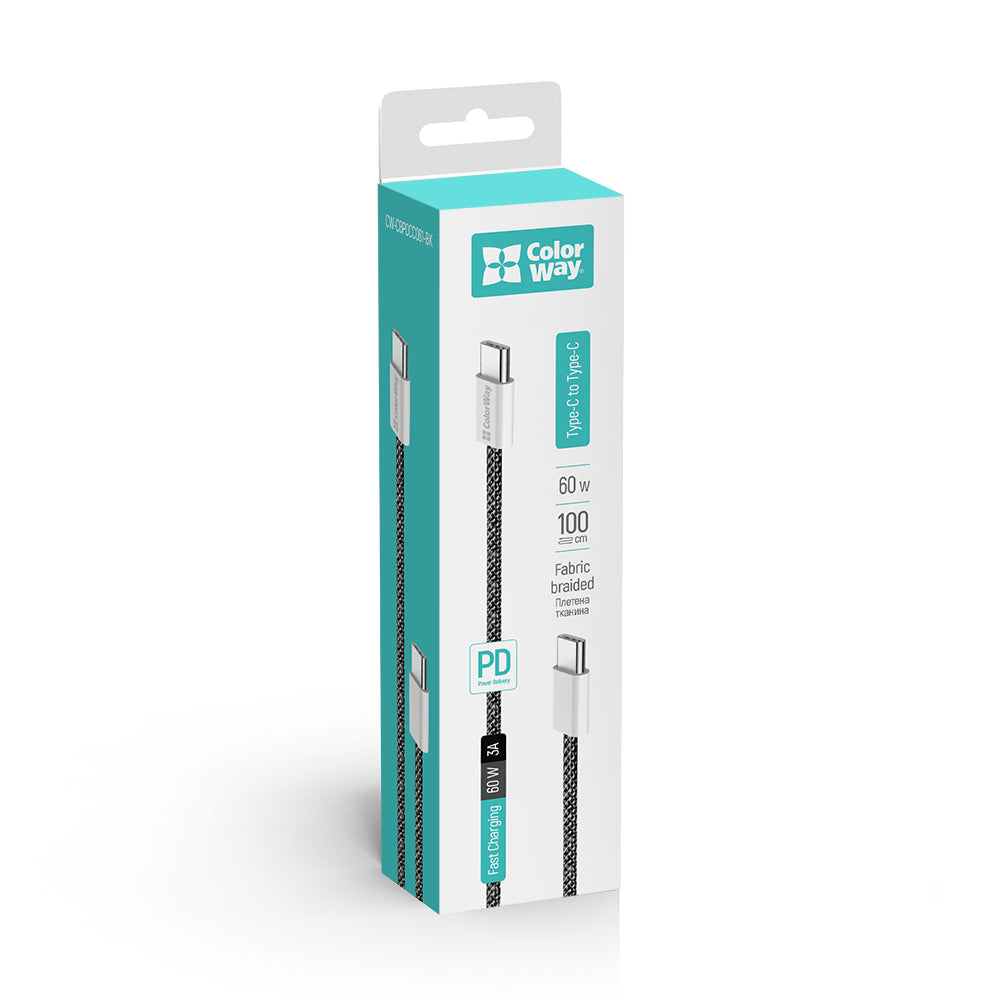 Кабел за данни и зареждане USB-C - USB-C ColorWay CW-CBPDCC061, 60W, 1m, Черен